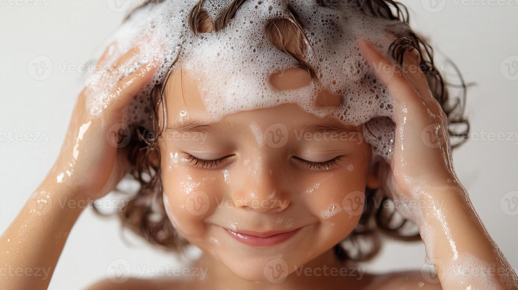 Happy child enjoying a bubble bath, playfully washing hair with soap. photo