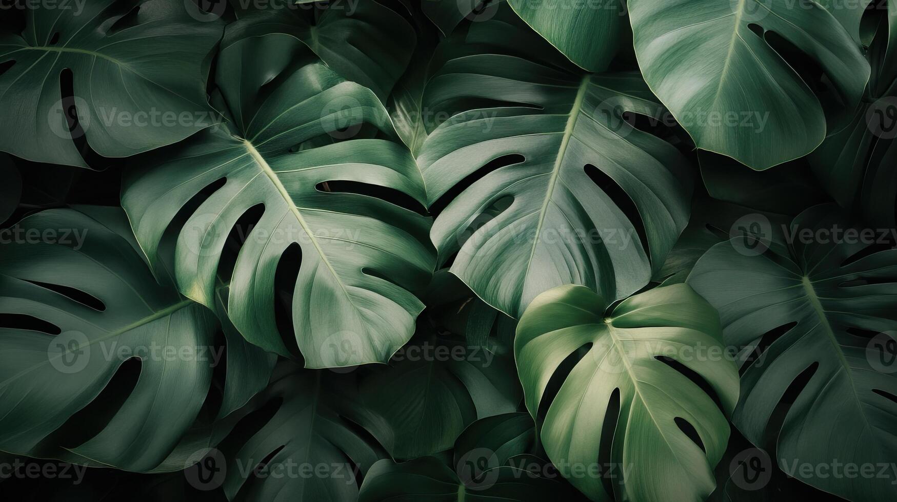 Lush green Monstera leaves on a dark background, showcasing their unique texture and vibrant color. photo