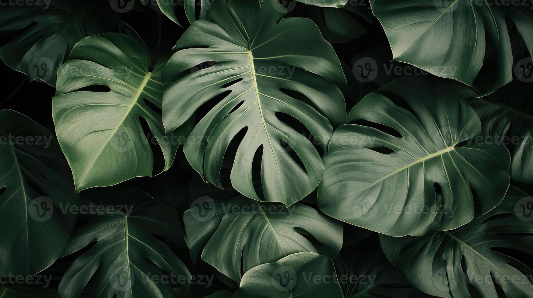 Lush green monstera leaves layered over a dark backdrop, creating a serene and tropical ambiance. photo