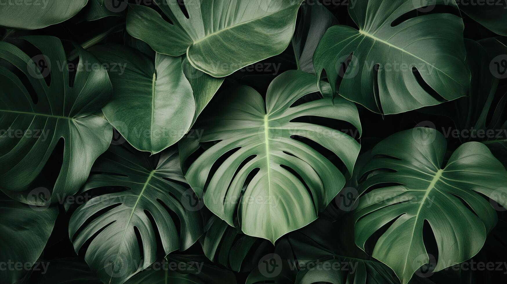 Lush green monstera leaves overlapping, creating a rich texture and tropical feel. photo