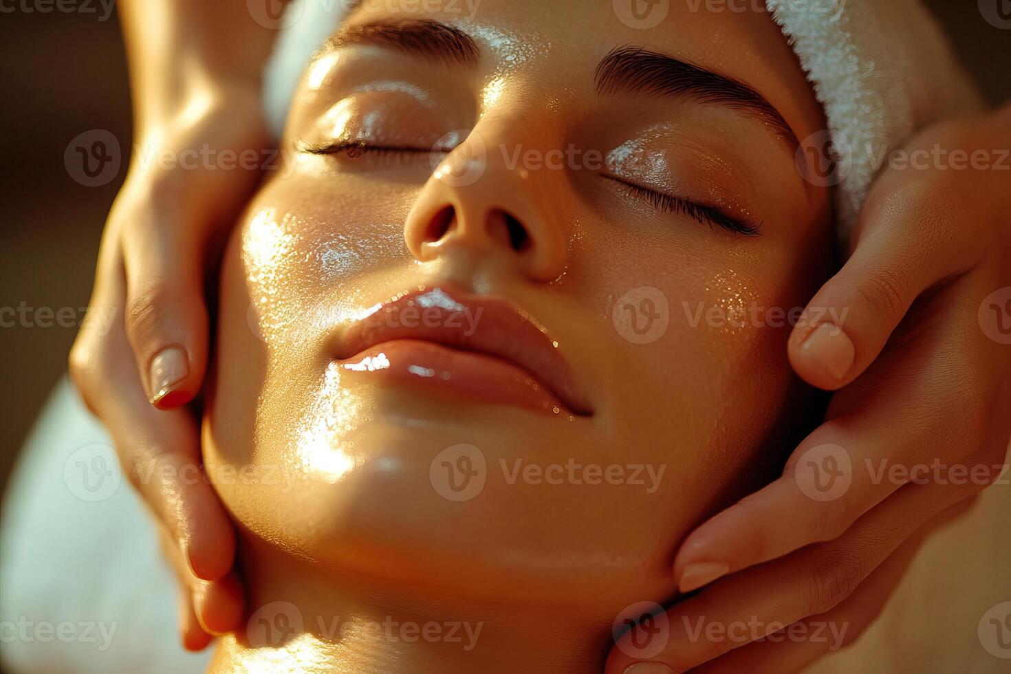 Relaxing facial treatment with soothing oils, spa ambiance, peaceful expression, dedicated skincare. photo