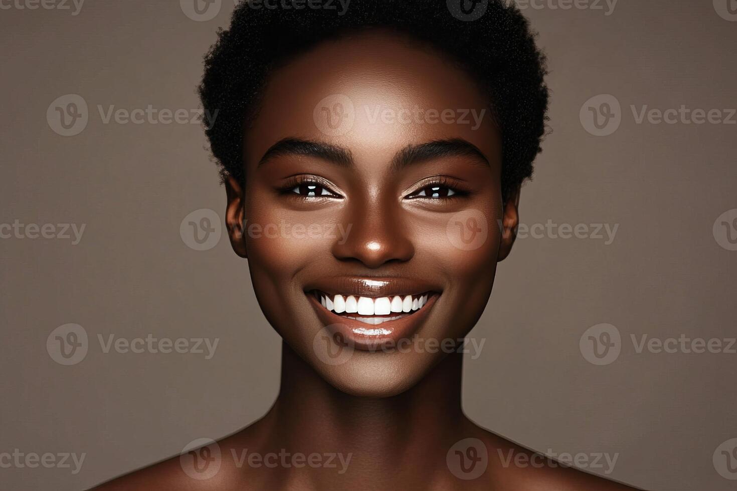 Smiling woman with glowing skin, portrait on neutral background, showcasing beauty and confidence. photo