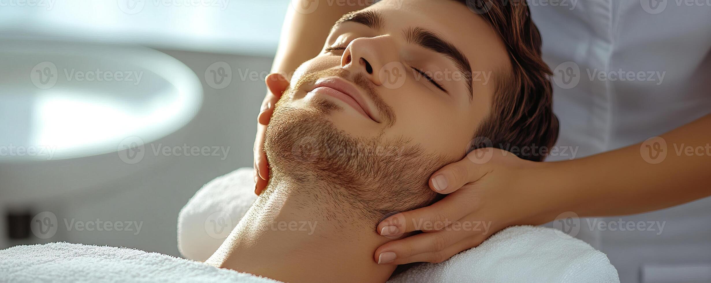 Relaxing male spa treatment, close-up of a man enjoying a massage, serene atmosphere, soft lighting. photo