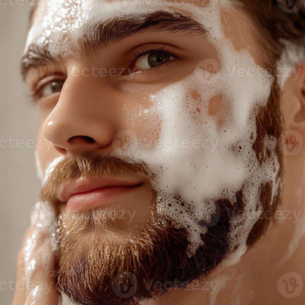 Young man with a beard applying foam on his face in a relaxing personal care routine. photo