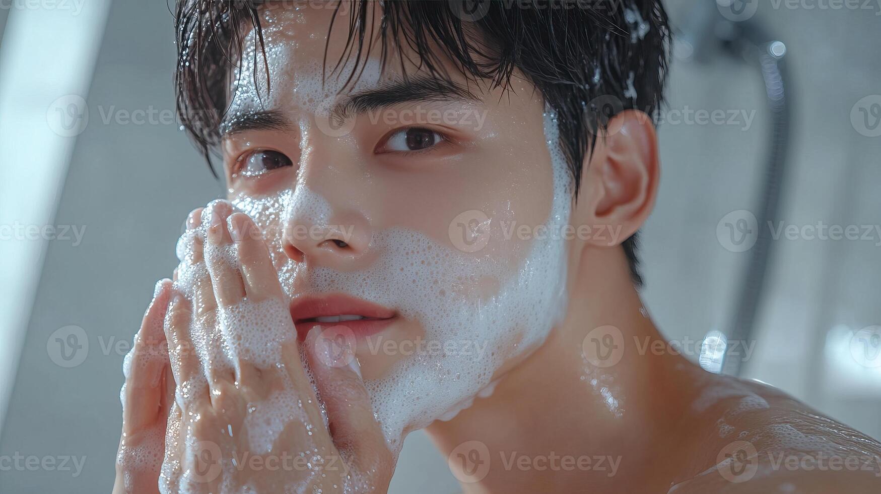 Young man washing his face with foam in the bathroom, clean and fresh appearance. photo