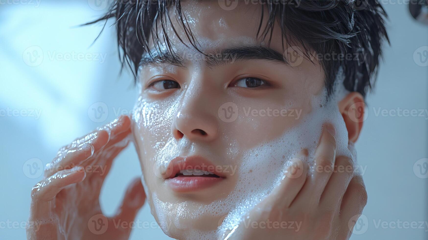 Young man applying facial cleanser, water droplets on skin, natural beauty routine, fresh and clean look. photo