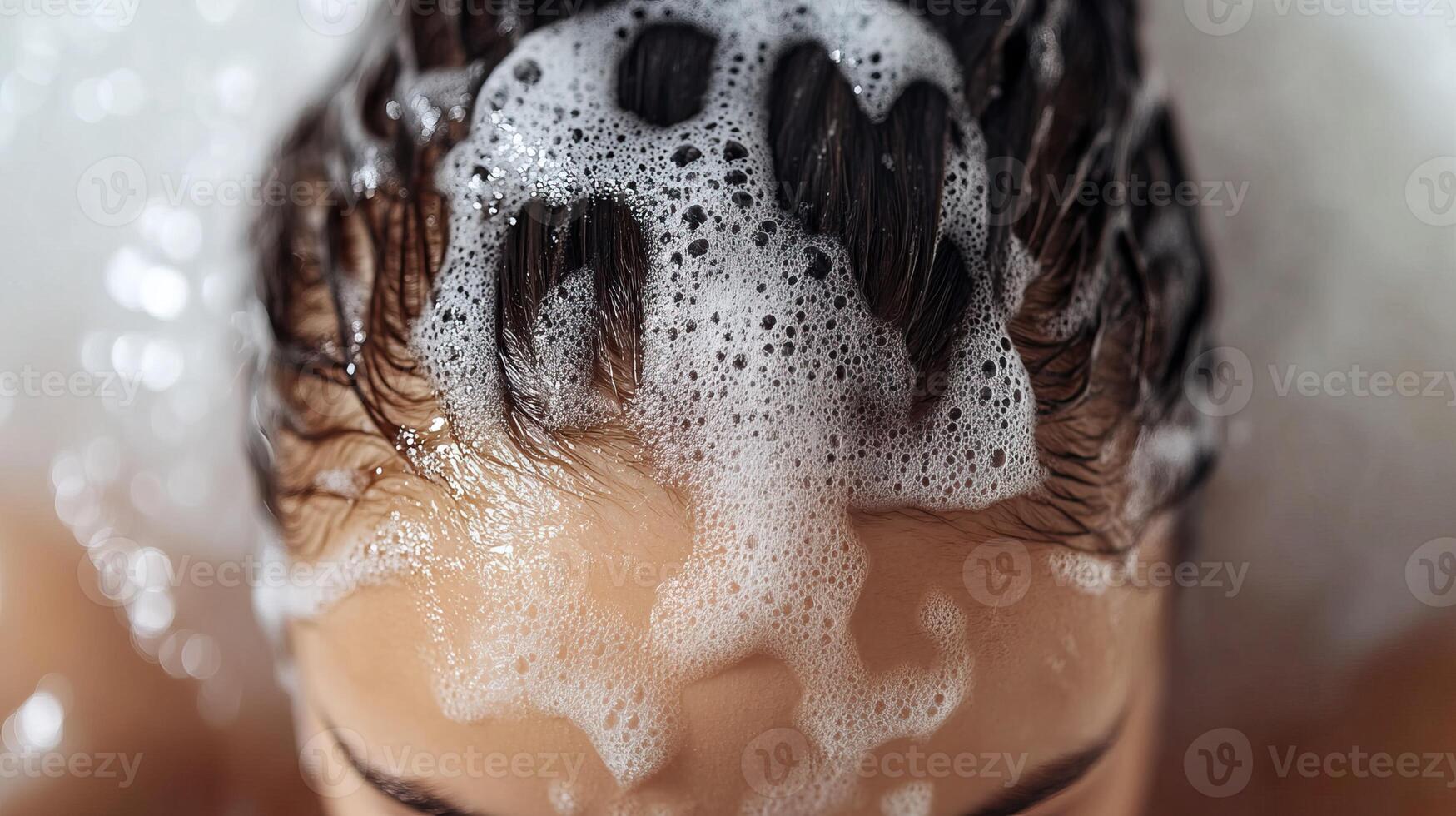 Close-up of a person washing hair with shampoo and bubbles, relaxing moment with foamy scalp. photo