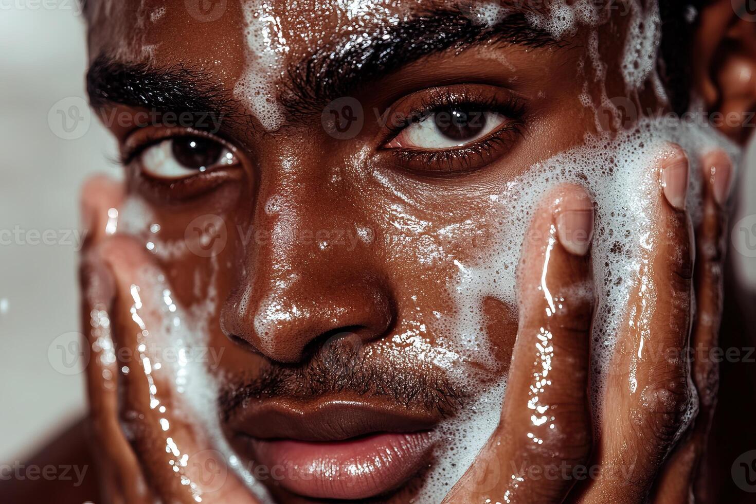 Close-up of a young man cleansing his face with soap, showcasing a skincare routine and fresh skin. photo