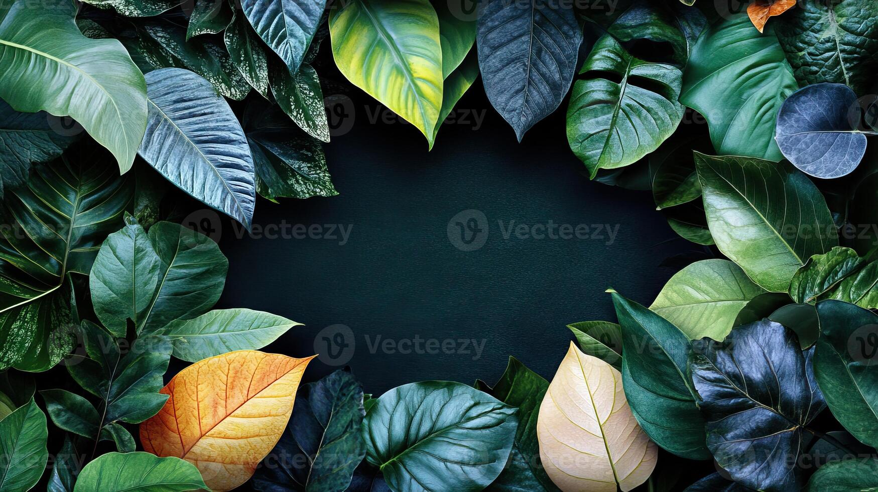 A vibrant arrangement of lush green leaves on a dark background, creating a natural frame effect. photo