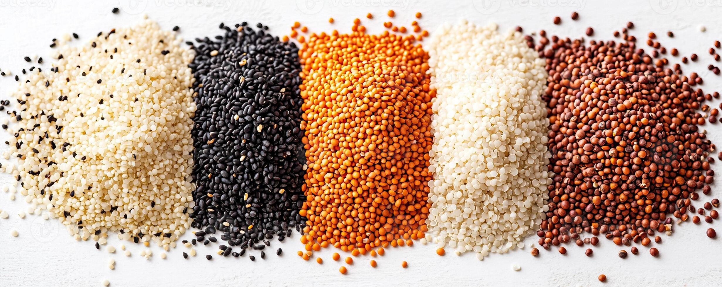 Variety of colorful grains and seeds arranged in lines on a white background. photo