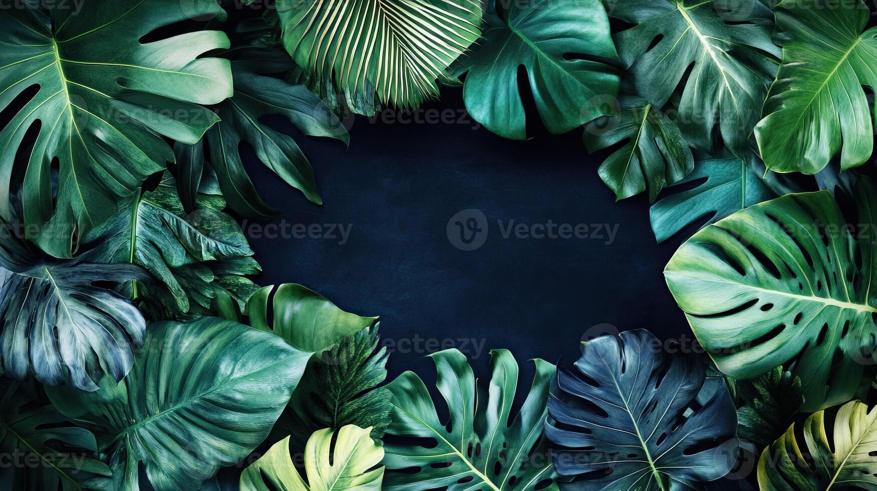 Lush green leaves arranged in a frame, with a dark background creating a natural and elegant aesthetic. photo