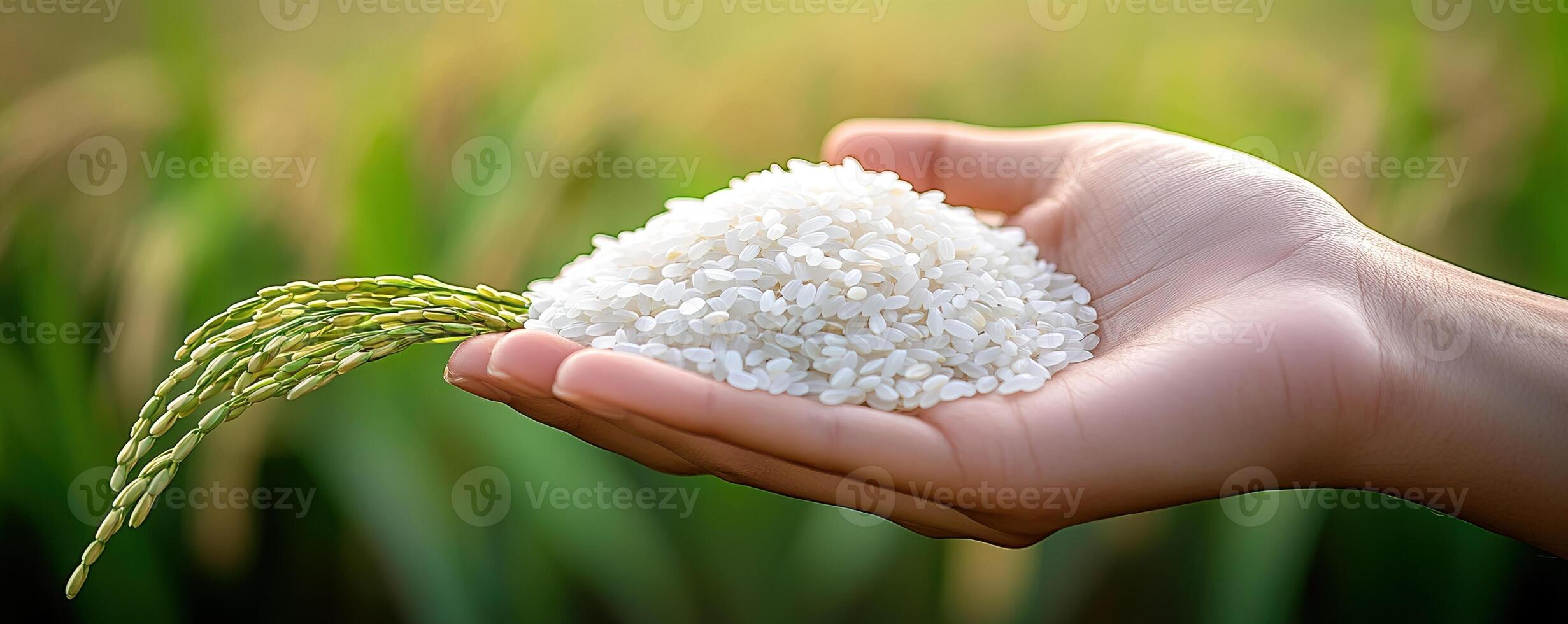 A hand holding a mound of rice with fresh rice plant in the background, symbolizing agriculture and nourishment. photo