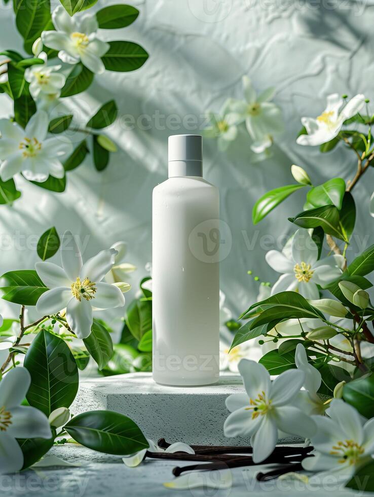 A sleek cosmetic bottle surrounded by fragrant white flowers and green leaves on a marble surface. photo