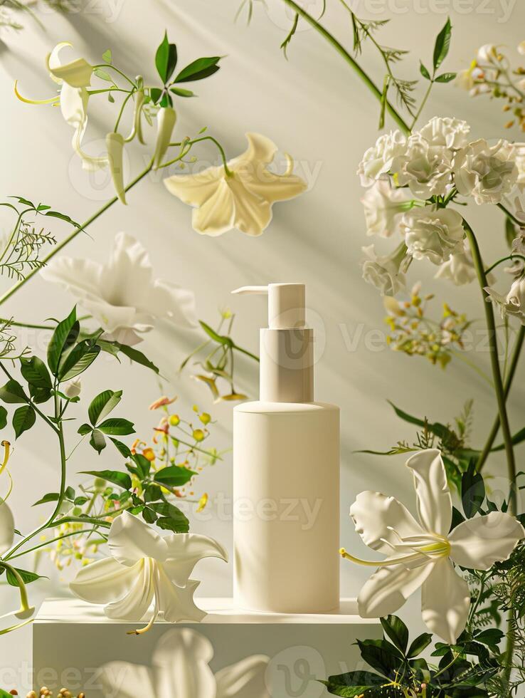 Elegant white lotion bottle surrounded by delicate flowers on neutral background. photo