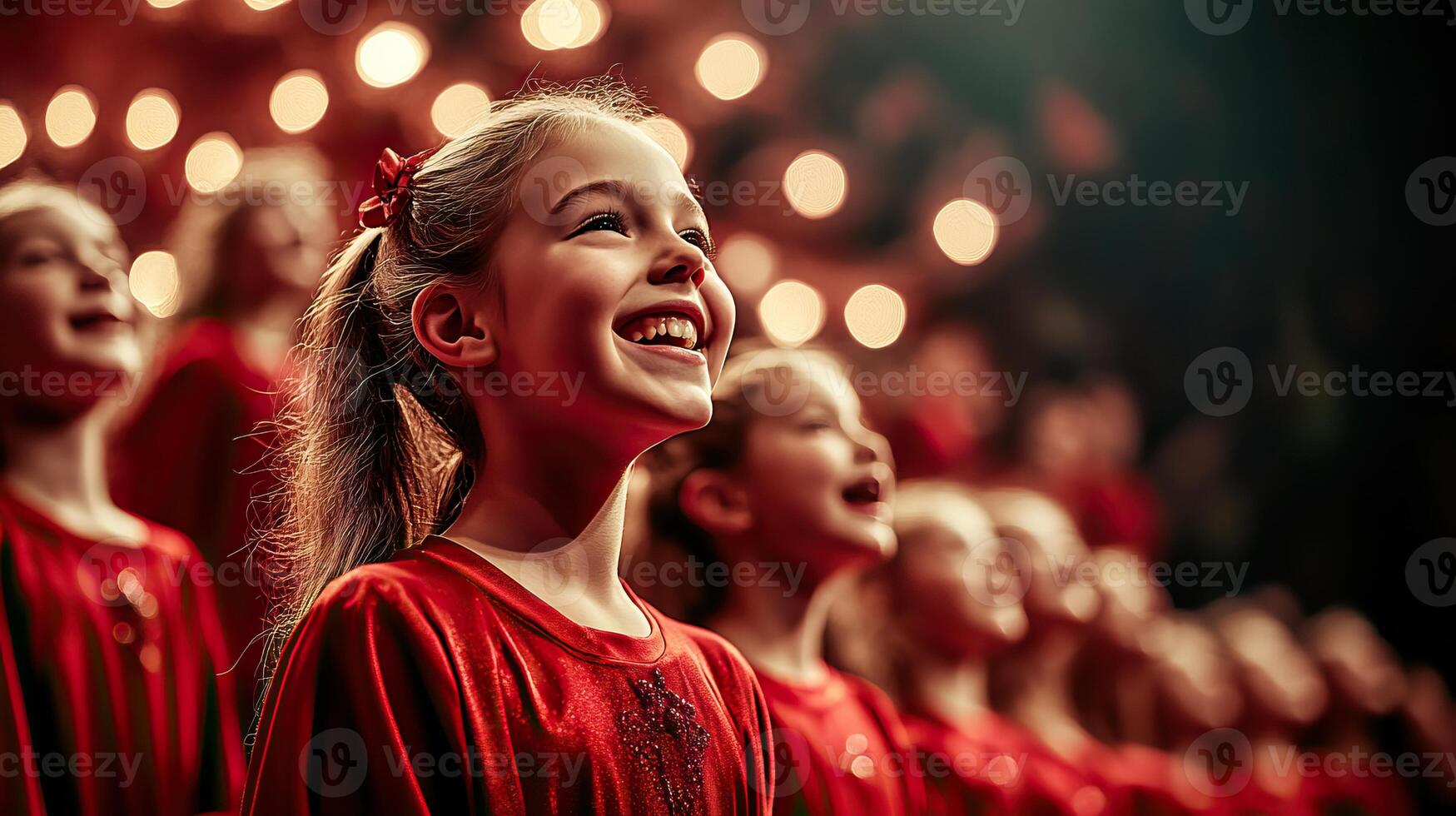 Joyful girl singing with a choir, bright stage lights enhance the festive atmosphere. photo