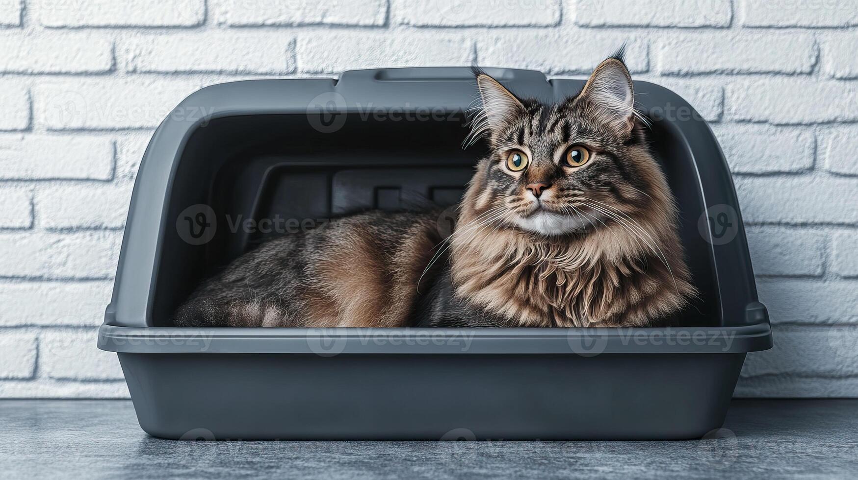 Maine cat relaxing in a modern litter box on a stylish brick background. photo