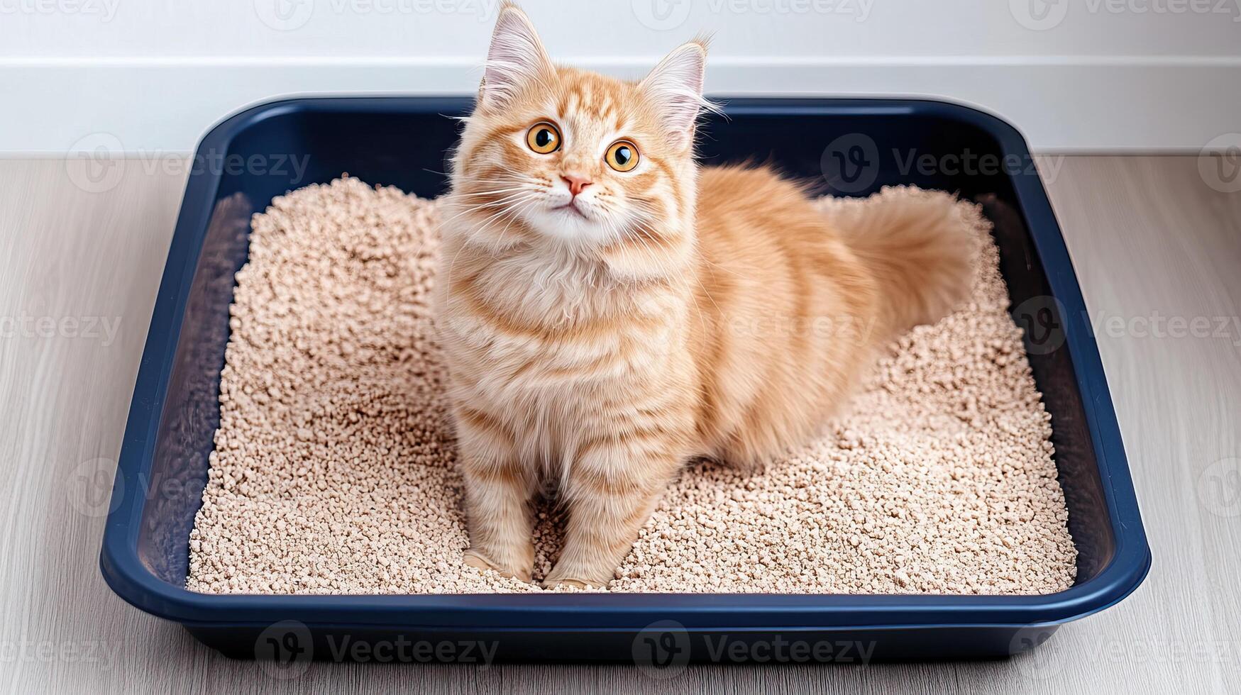 Cute orange cat sitting in a litter box, looking curiously with its big eyes. photo