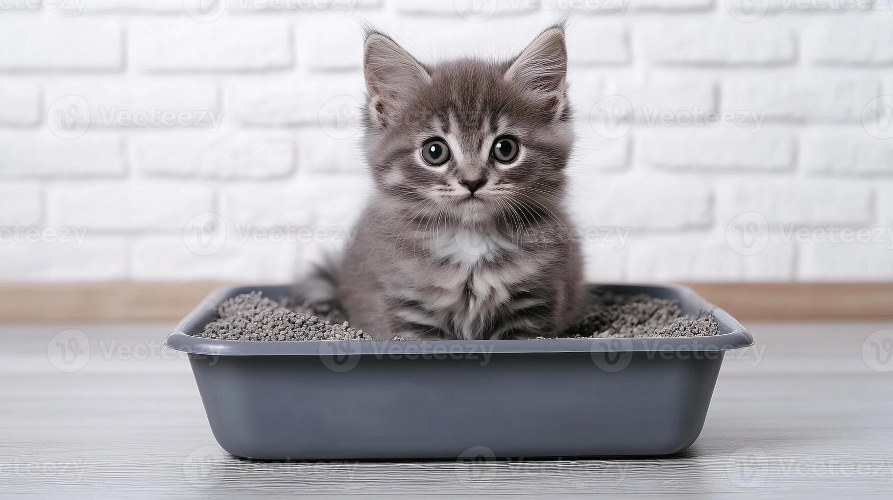 Cute gray kitten sitting in a litter box, looking curiously at the camera, white background. photo