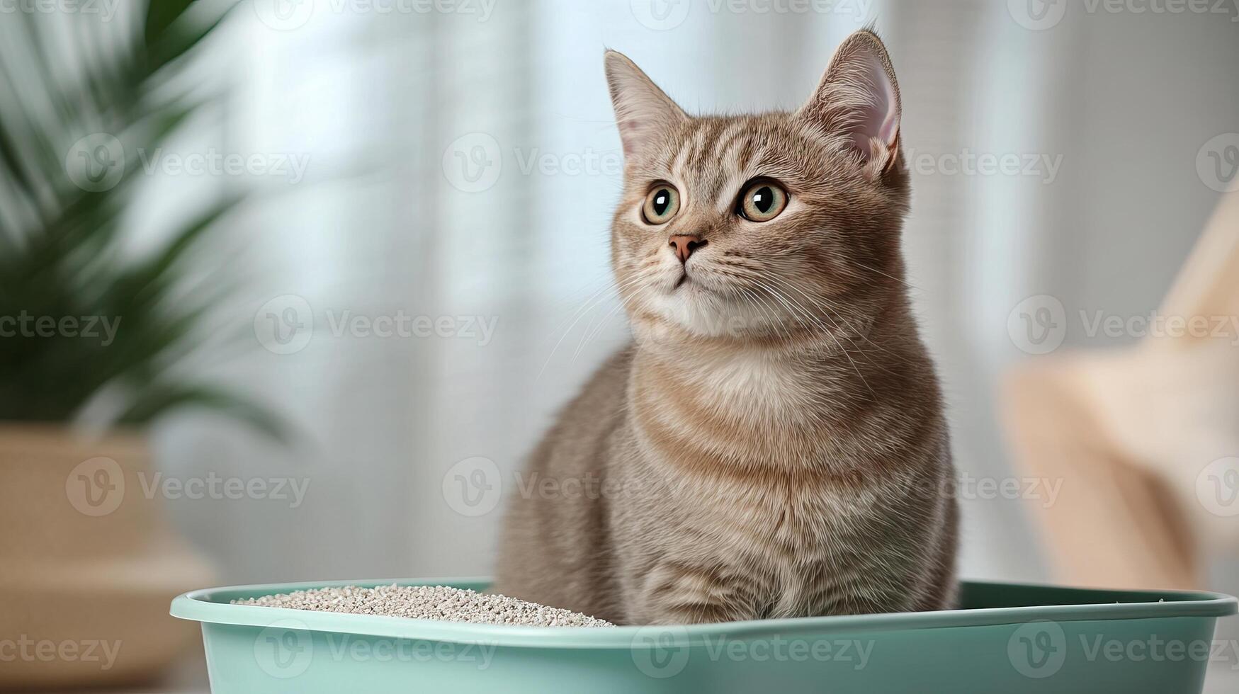 Curious cat sitting in a litter box, indoor setting with soft lighting. photo
