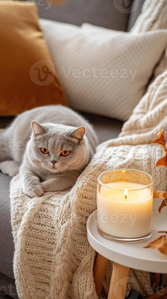 Cozy living room scene with a cat relaxing next to a candle on a table, creating a warm atmosphere. photo
