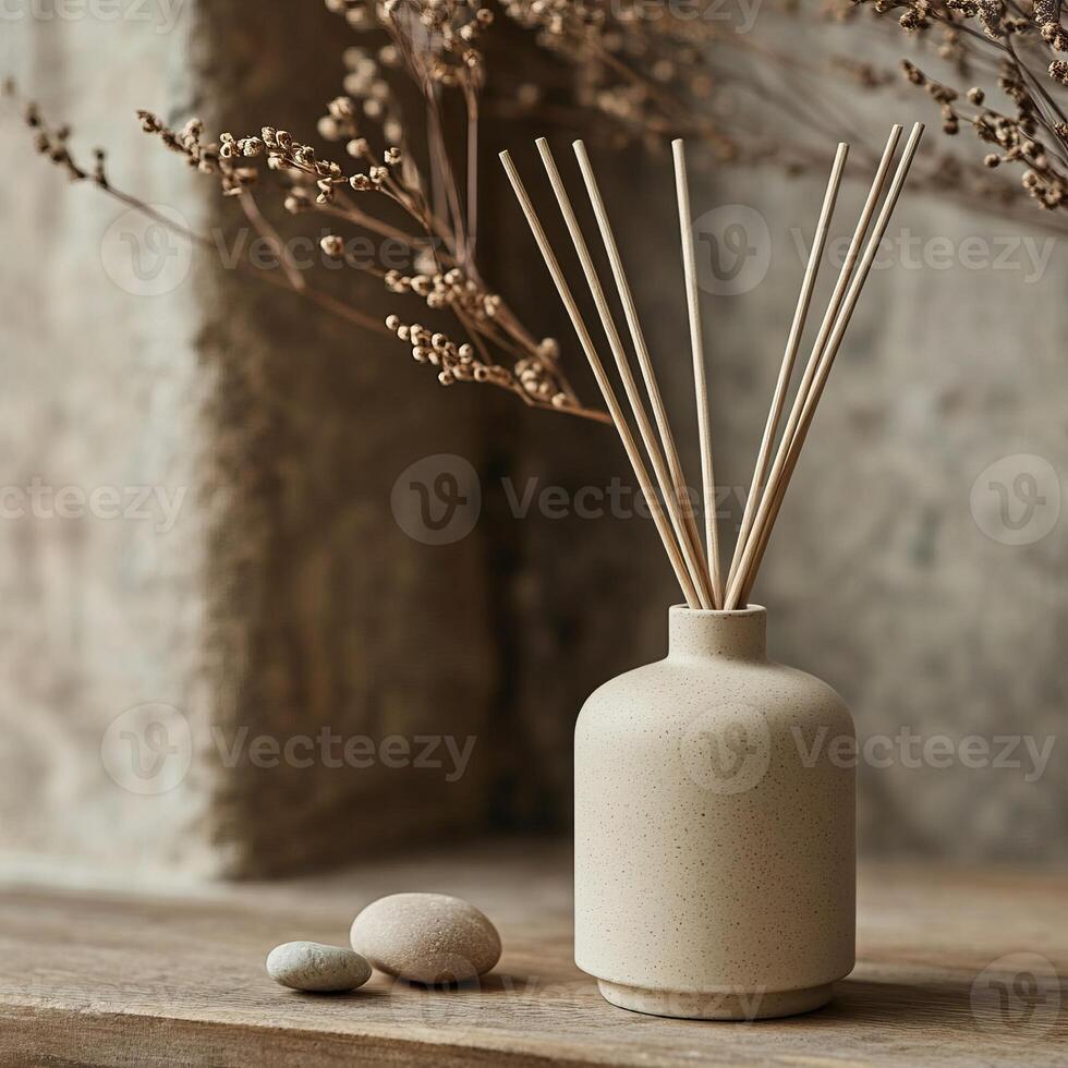 Neutral colored vase with reed diffusers and decorative stones, set on natural wooden surface. photo