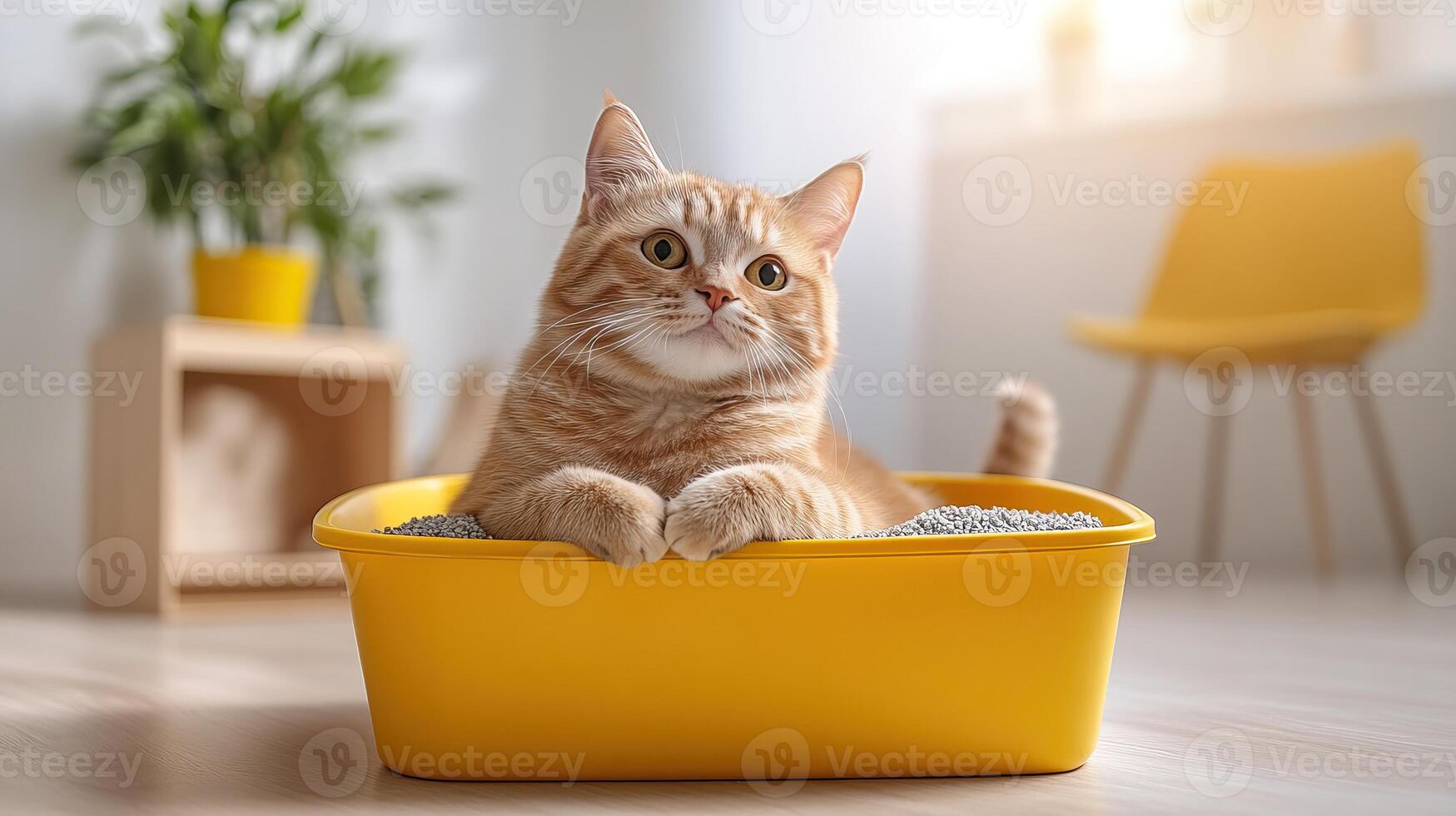 An adorable cat lounging in a bright yellow litter box in a modern, cozy indoor setting. photo