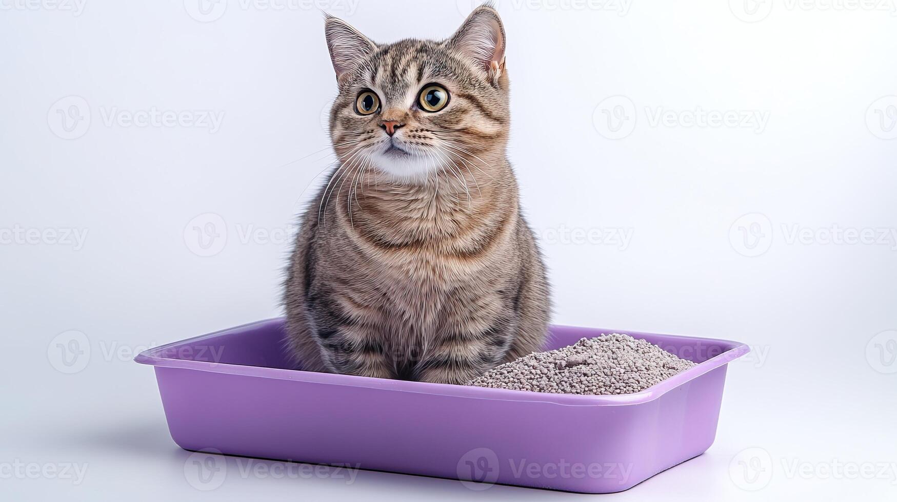 A cute tabby cat sitting in a purple litter box on a white background. photo