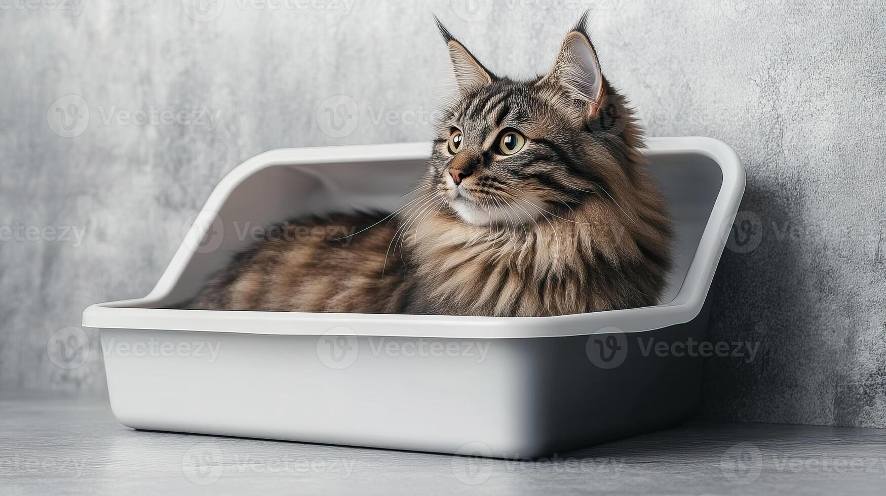A Maine cat lounging inside a modern litter tray against a textured gray background. photo