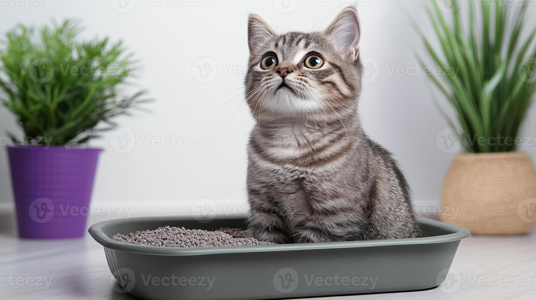 A curious cat sitting in a litter box with houseplants in a modern interior setting. photo
