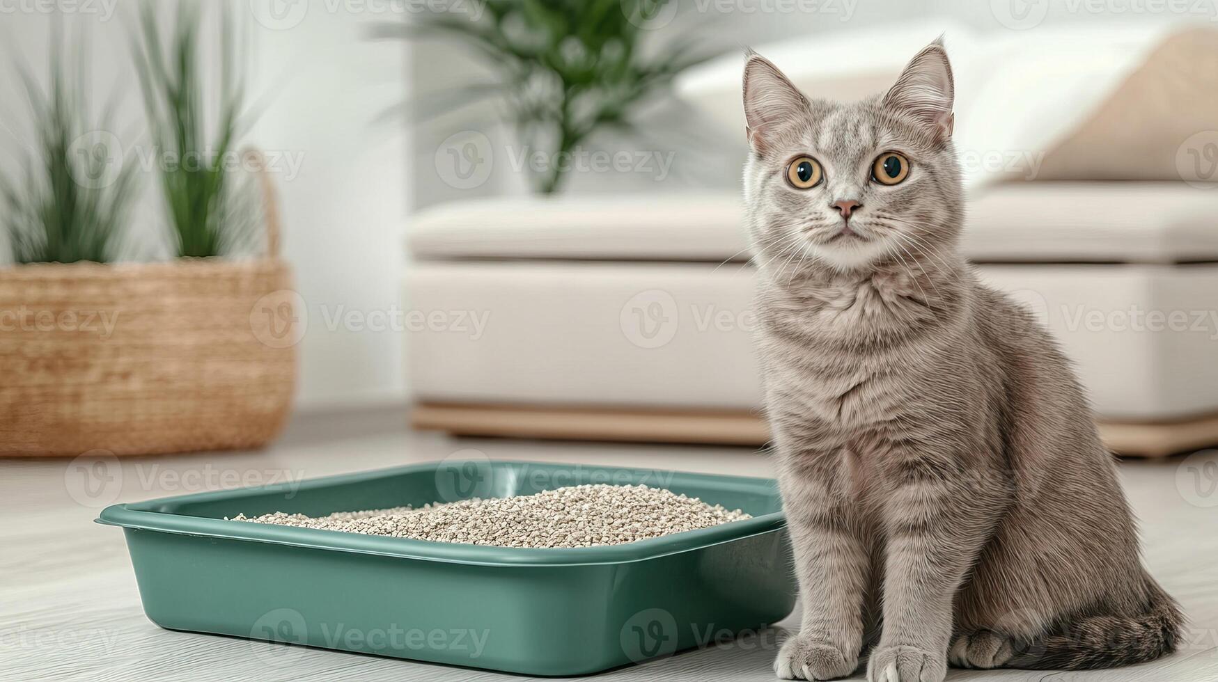 A curious gray cat sitting next to its litter box in a cozy home environment with indoor plants. photo