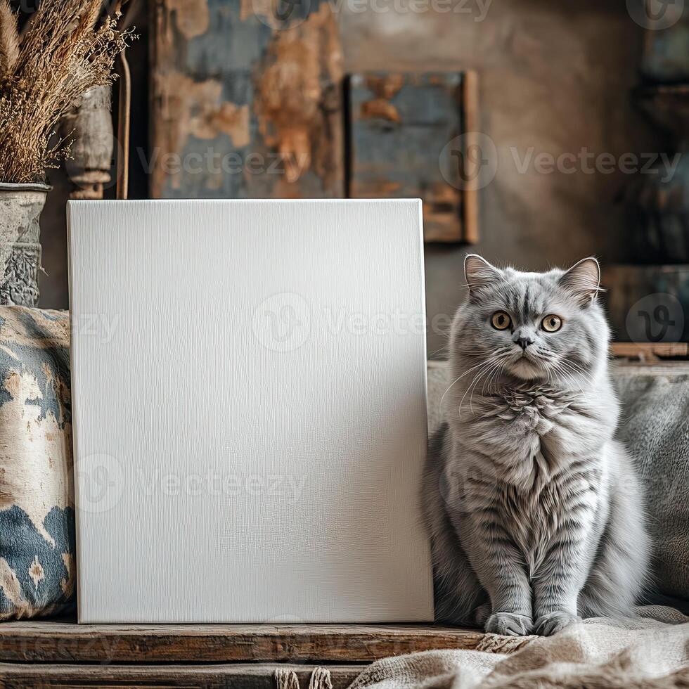 Fluffy gray cat sitting beside a blank canvas on a rustic table. photo