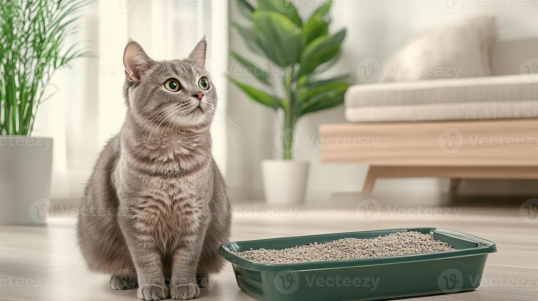 A curious cat sitting beside a litter box in a cozy living room, surrounded by plants and natural light. photo