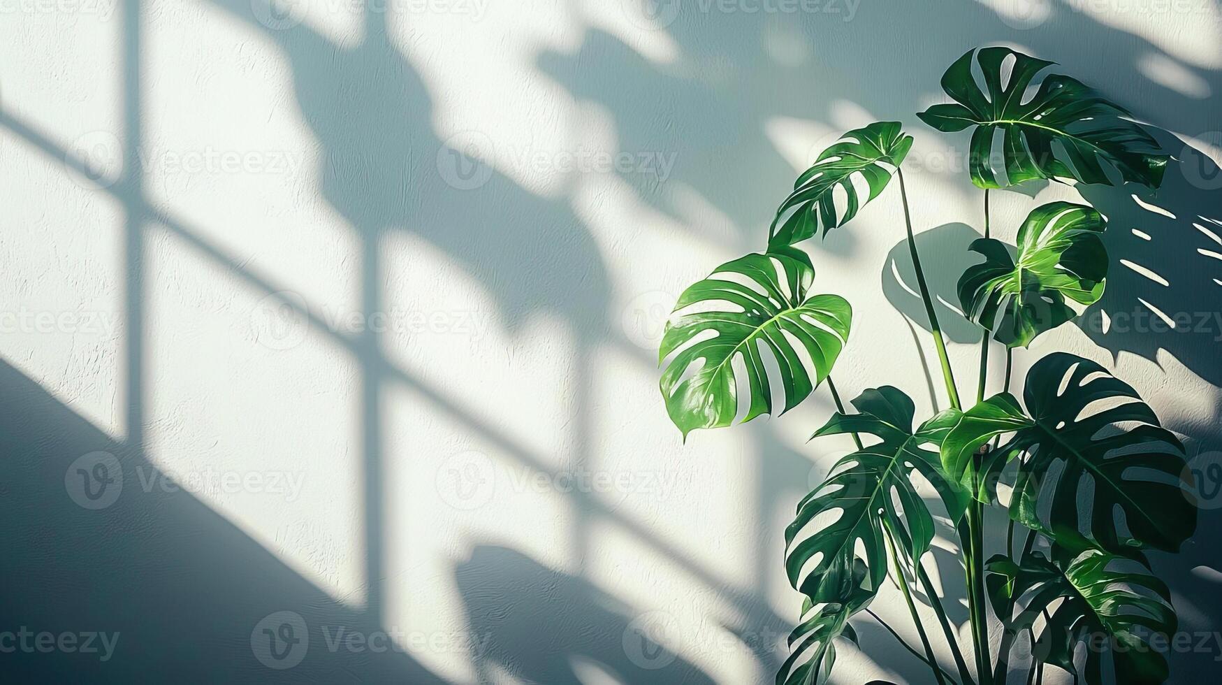Minimalist composition featuring a Monstera plant casting intricate shadows on a white wall, evoking a sense of tranquility and natural beauty photo