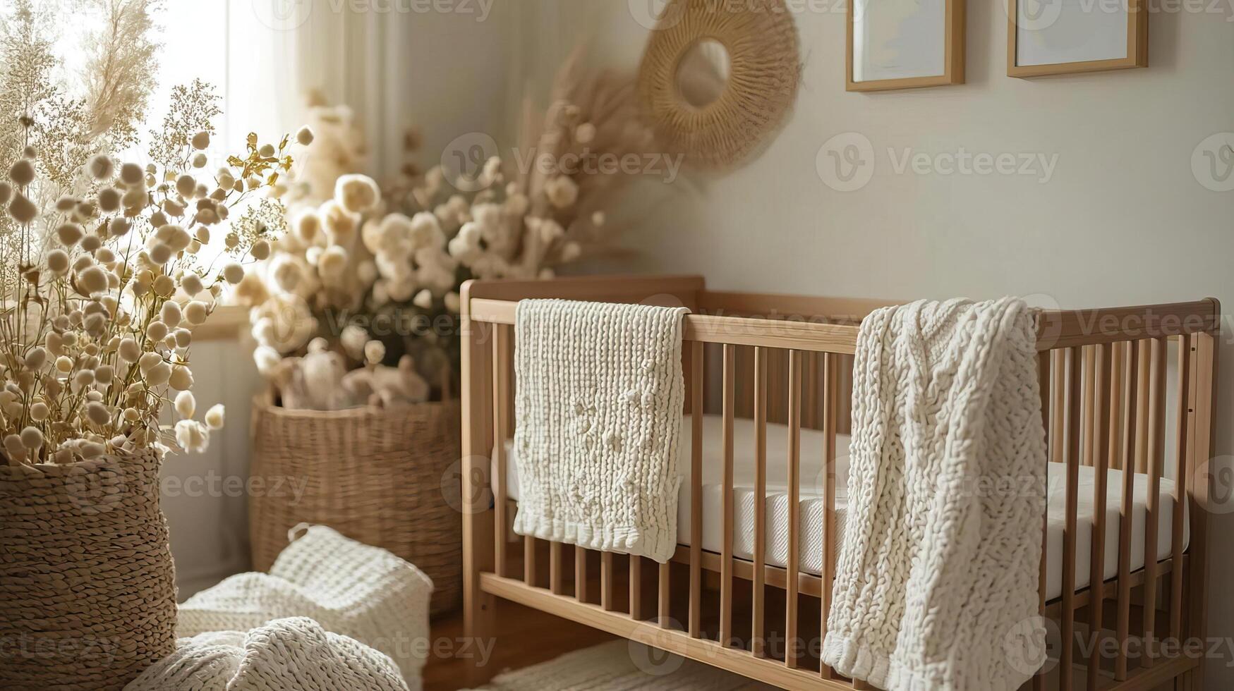 Minimalist nursery with a wooden crib, soft blankets, and abundant natural light, creating a serene and peaceful atmosphere photo