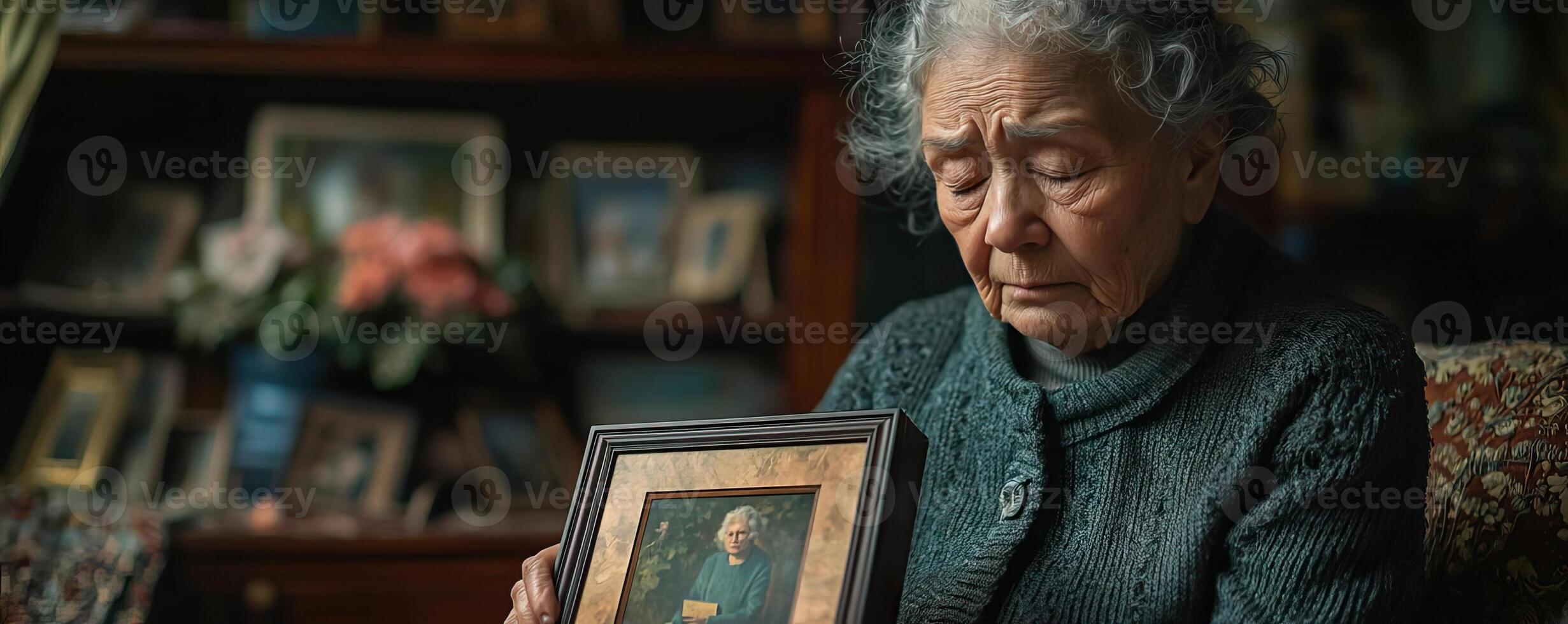 Sad elderly woman sitting alone in a room filled with memories, holding a framed picture, eyes closed in sorrow, alone and reflective photo