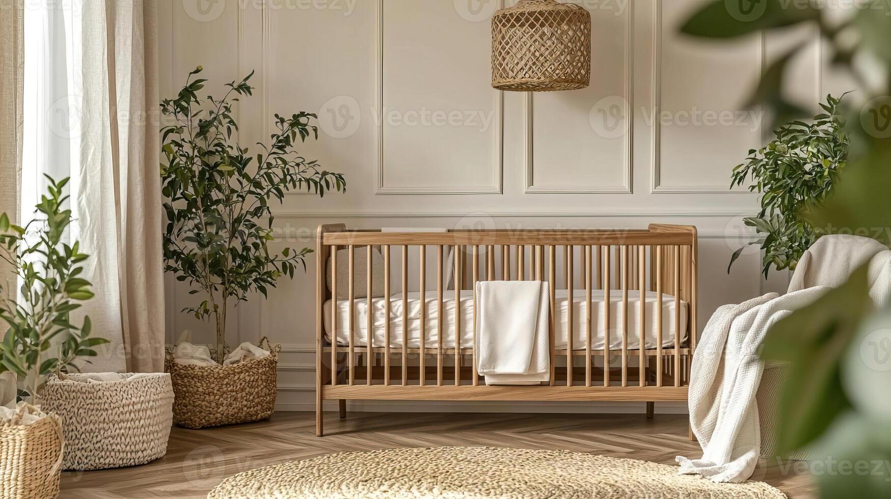 Minimalist nursery with a wooden crib, soft blankets, and abundant natural light, creating a serene and peaceful atmosphere photo