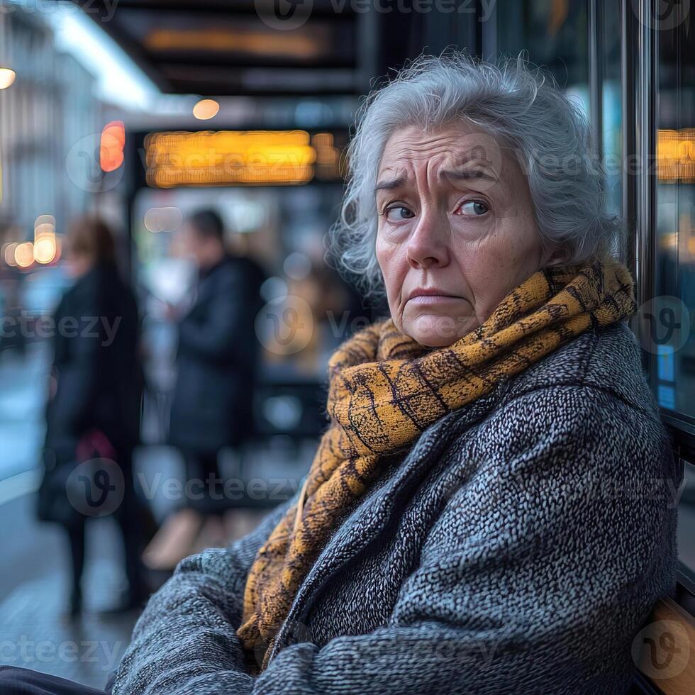 Senior woman sitting on a bench at a bus stop, watching people pass by, with a sad and distant look, alone and introspective photo