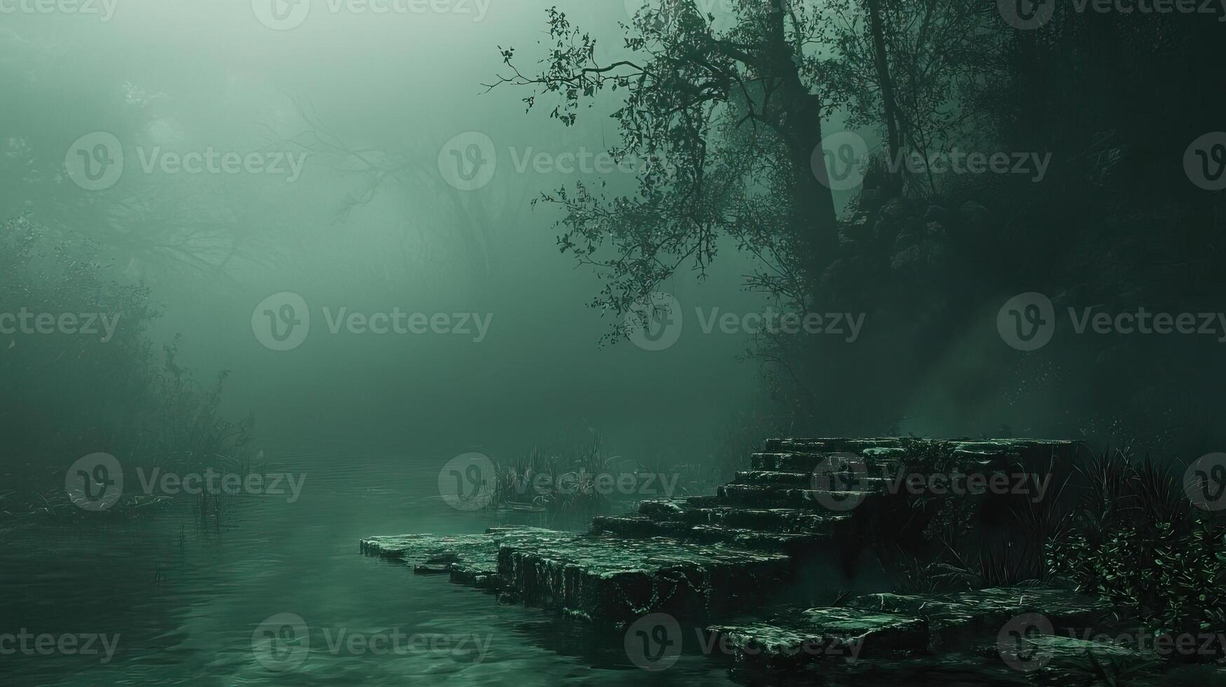 Dark green, misty environment, creating an ominous and atmospheric backdrop for a story filled with mystery and suspense photo