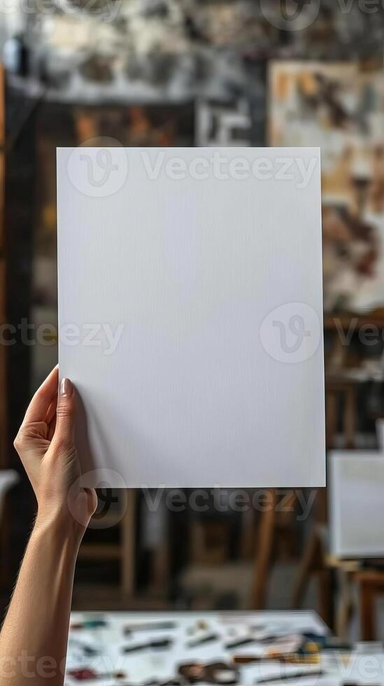 a woman hand holding up a a blank white piece of A4 paper, there is an art studio in the background, realistic photo