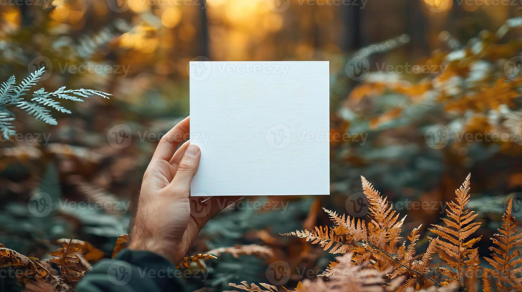 an A5 portrait size greeting card mock up for etsy, clean, cool tone white, forest theme, no hands photo