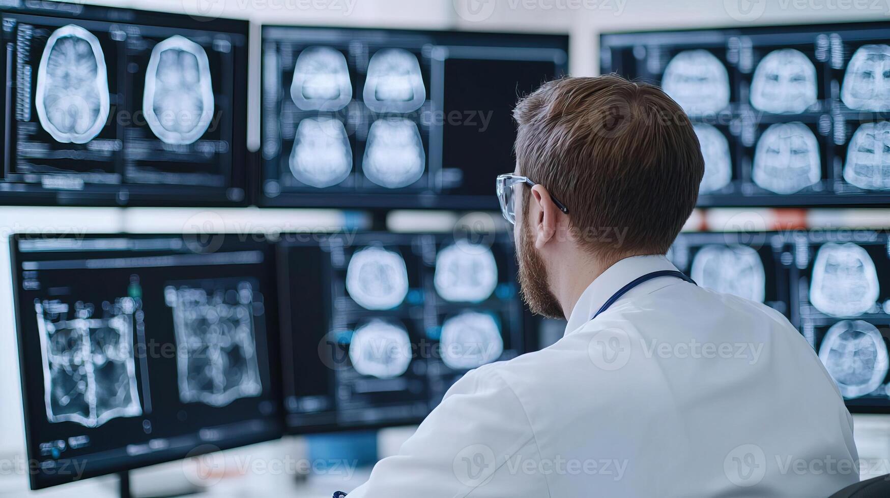 A scientist analyzing complex Xray images on multiple screens, highlighting the intense focus and expertise required in medical research photo