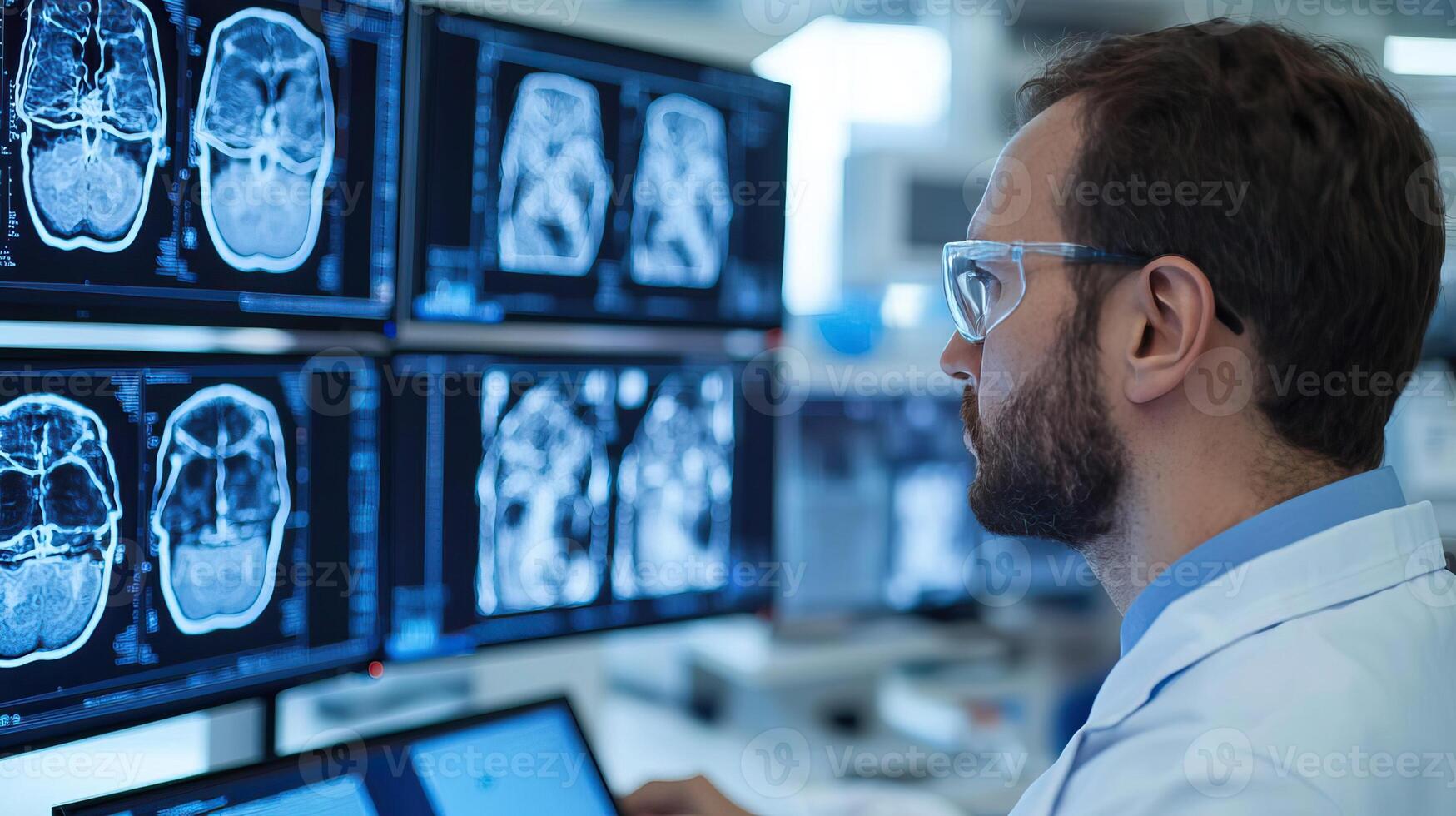 A scientist analyzing complex Xray images on multiple screens, highlighting the intense focus and expertise required in medical research photo