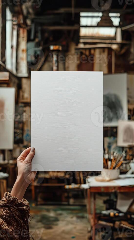 a woman hand holding up a a blank white piece of A4 paper, there is an art studio in the background, realistic photo