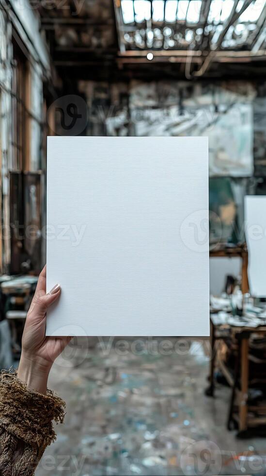 a woman hand holding up a a blank white piece of A4 paper, there is an art studio in the background, realistic photo