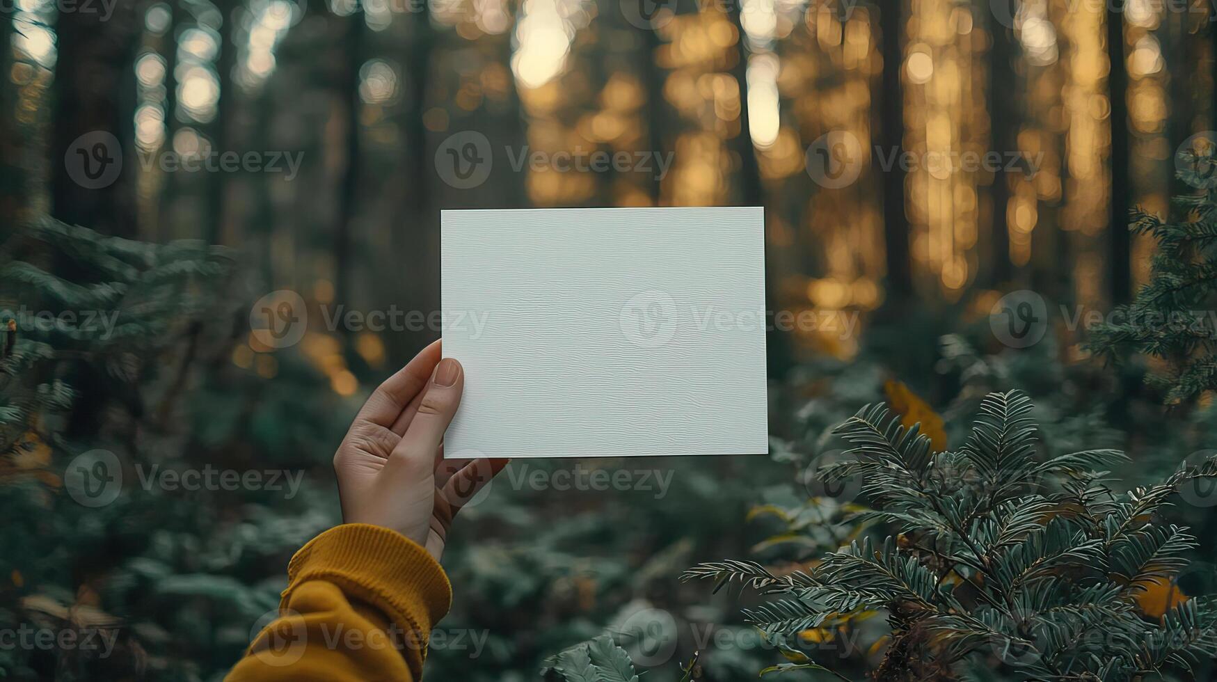 an A5 portrait size greeting card mock up for etsy, clean, cool tone white, forest theme, no hands photo
