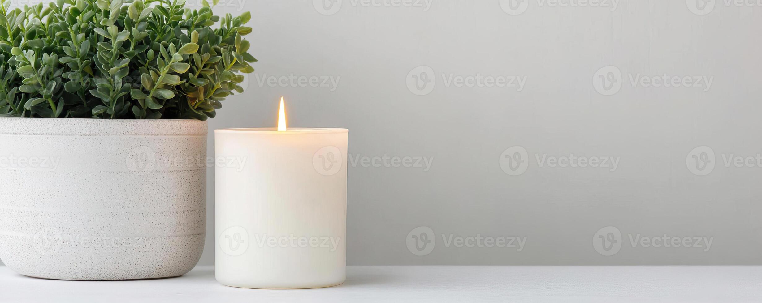 A minimalist candle burning softly next to a potted plant, set against a clean white background, symbolizing peace and simplicity photo