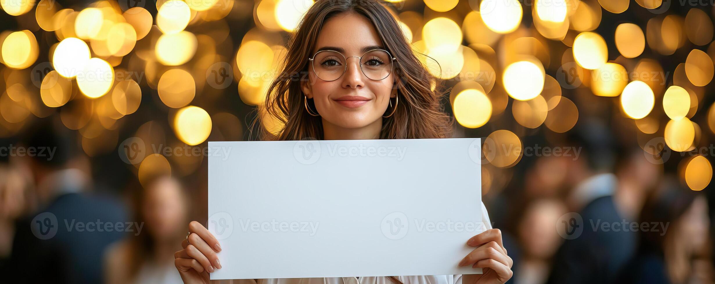 a proud business award winner holding a blank white sign photo