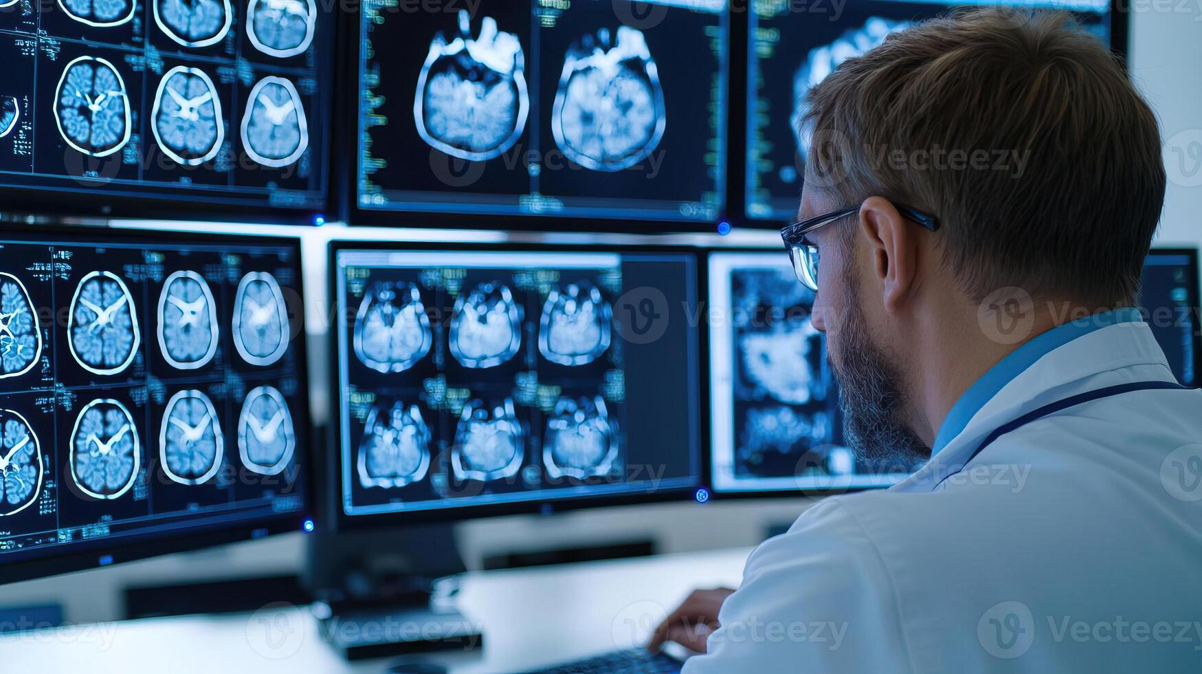 A scientist analyzing complex Xray images on multiple screens, highlighting the intense focus and expertise required in medical research photo
