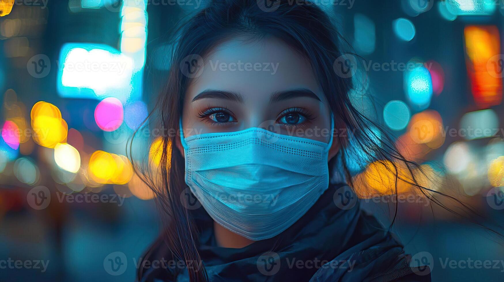 Focused shot of a woman in a mask, surrounded by the glowing cityscape, highlighting themes of urban life and protection photo