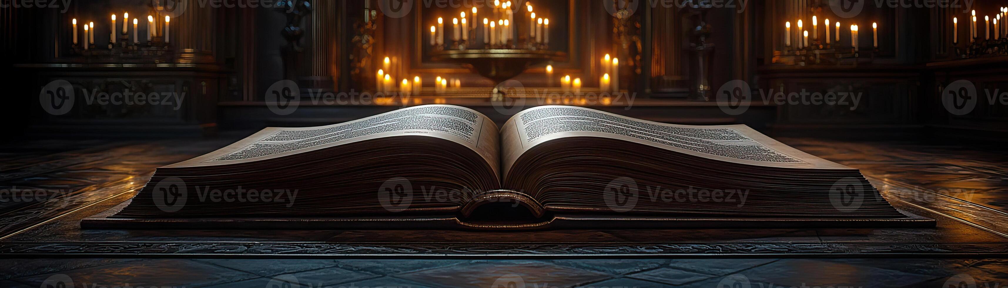 Empty pages of a large book on a stand, surrounded by candlelight in a dark, elegant room photo